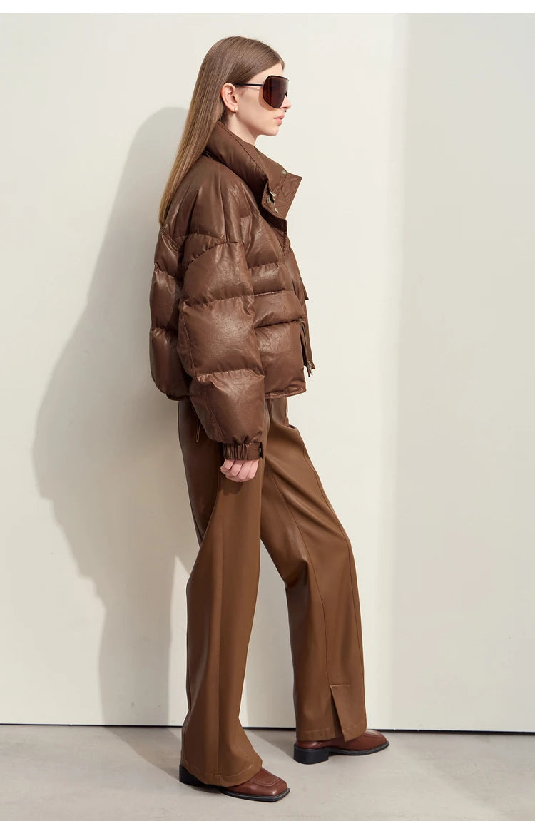 AMII Minimalist Women's Down Coat 2024 Winter Warm Thick Lapel Stand Collar Imitation Leather Duck Down Female Jacket 12444025