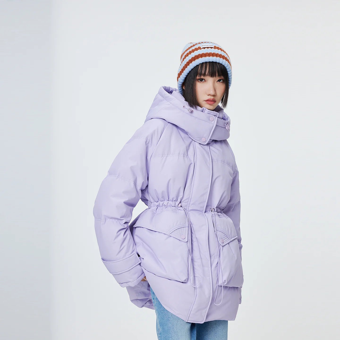 Metersbonwe Women's  Oversized Long Hooded Down Jacket Adjustable Pig Nose Buckle Waist Belt Utility Duck Down Parka Warm Winter