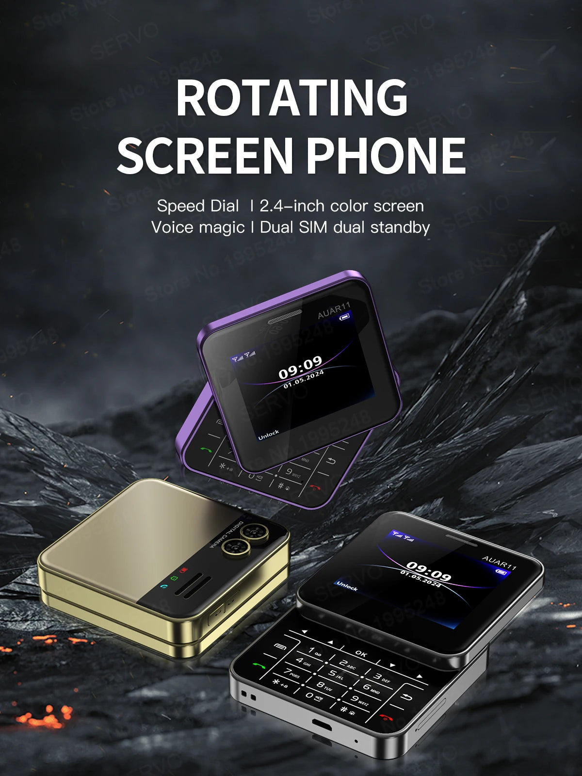 SERVO AUAR11 Rotating Mobile Phone 2 SIM Stadby Torch Speed Dial Magic Voice FM Radio 2G GSM 2.4" Slide Screen Small Cellphones
