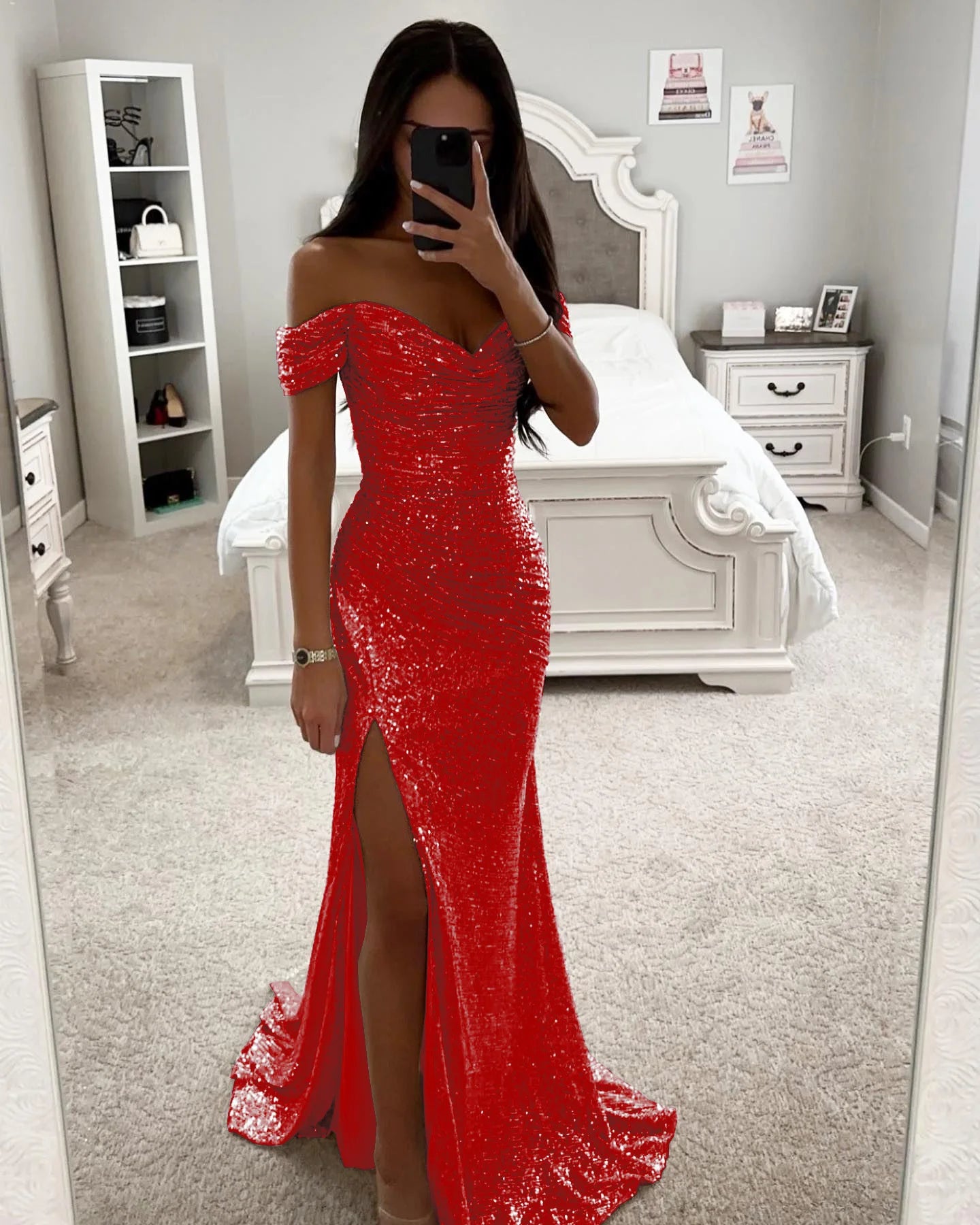 Women's Sexy Party Maxi Dress New Sequined One-line Collar Slit Dress Casual Fashion Prom Eveging Dresses For Women Robe Femme