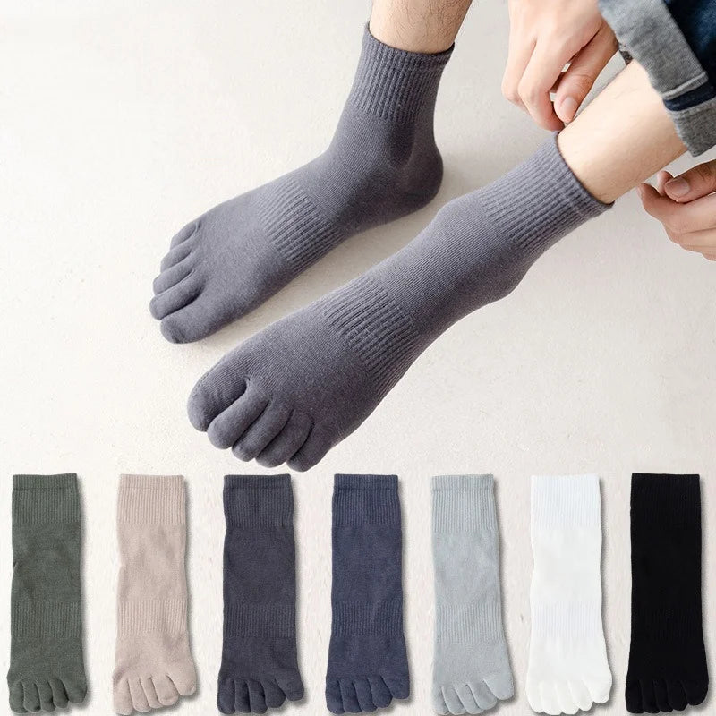 Men's Cotton 5 Toe Socks Mid Cuff Anti Odor Sweat Wicking Non Slip for Spring Autumn Casual Athletic Solid Color Daily Comfort