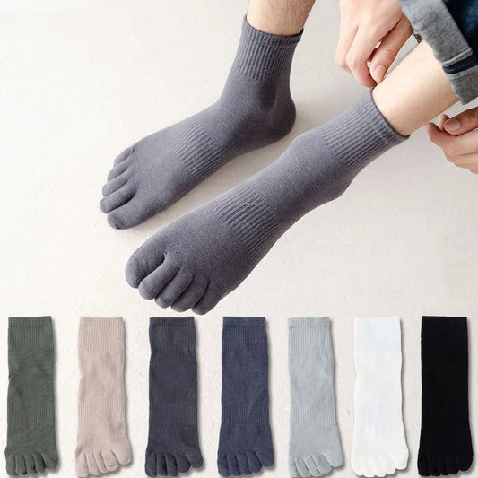 Men's Cotton 5 Toe Socks Mid Cuff Anti Odor Sweat Wicking Non Slip for Spring Autumn Casual Athletic Solid Color Daily Comfort