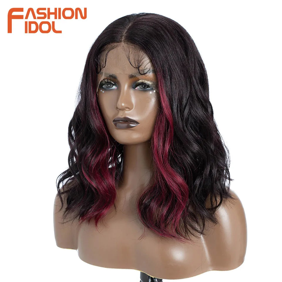 FASHION IDOL 12 Inch Bob 13x7 HD Lace Front Synthetic Wigs For Black Women Ombre Blue Heat Resistant Short Body Wave Cosplay Wig