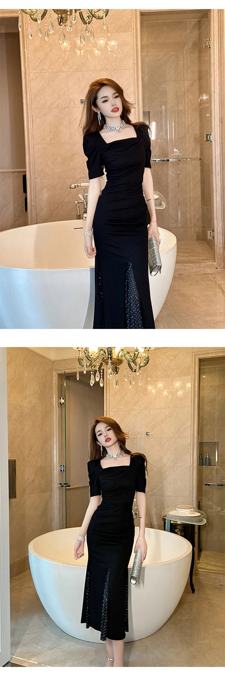 Women‘s Fashion French Retro Maxi Dress Woman Elegant Black Skinny Fishtail Robe Evening Party Vestidos Prom Banquet Gown Female