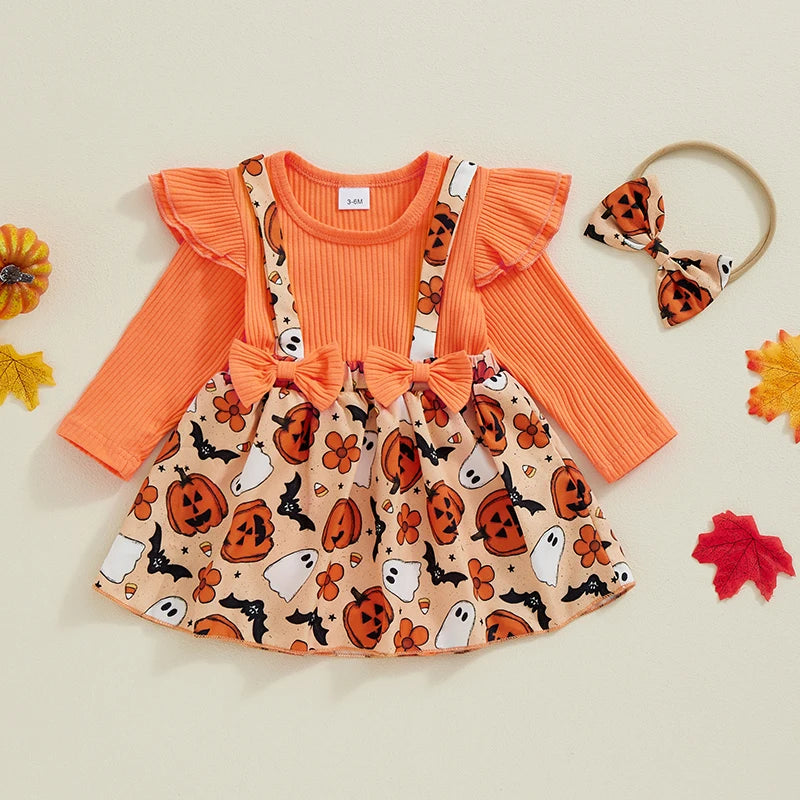 Newborn Baby Girl Halloween Clothes Outfit Pumpkin Ghost Print Long Sleeve Crew Neck Patchwork Romper Dress with Headband
