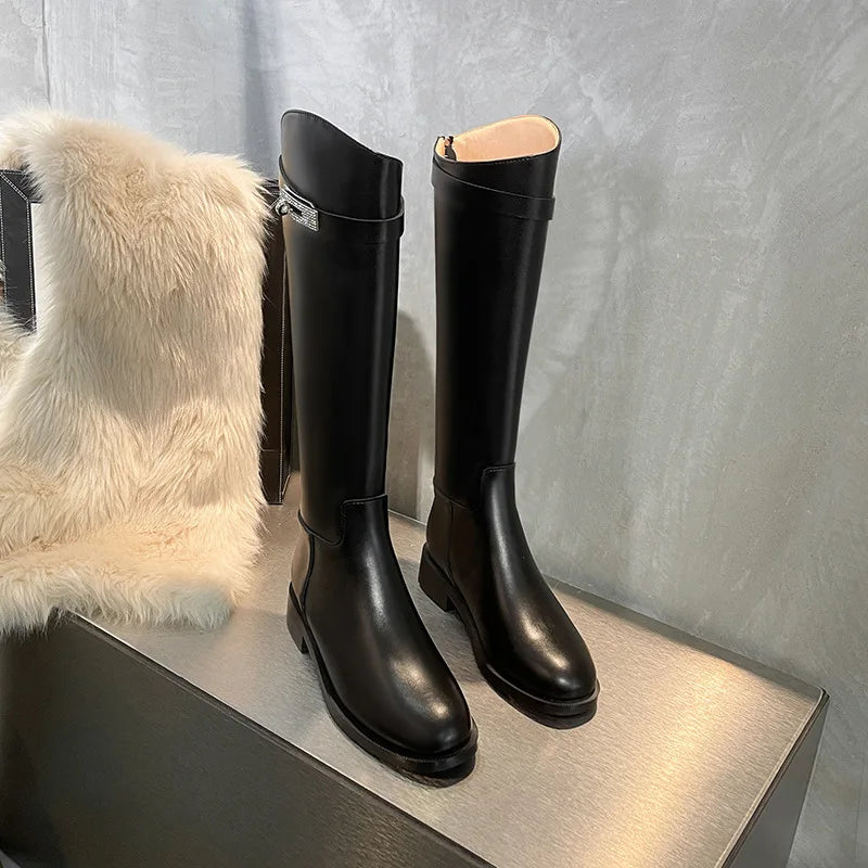 Genuine Leather Thick-Soled Autumn Winter New Style Chunky Heel Rhinestone Buckle High Tube Riding Over-The-Knee Long Boots