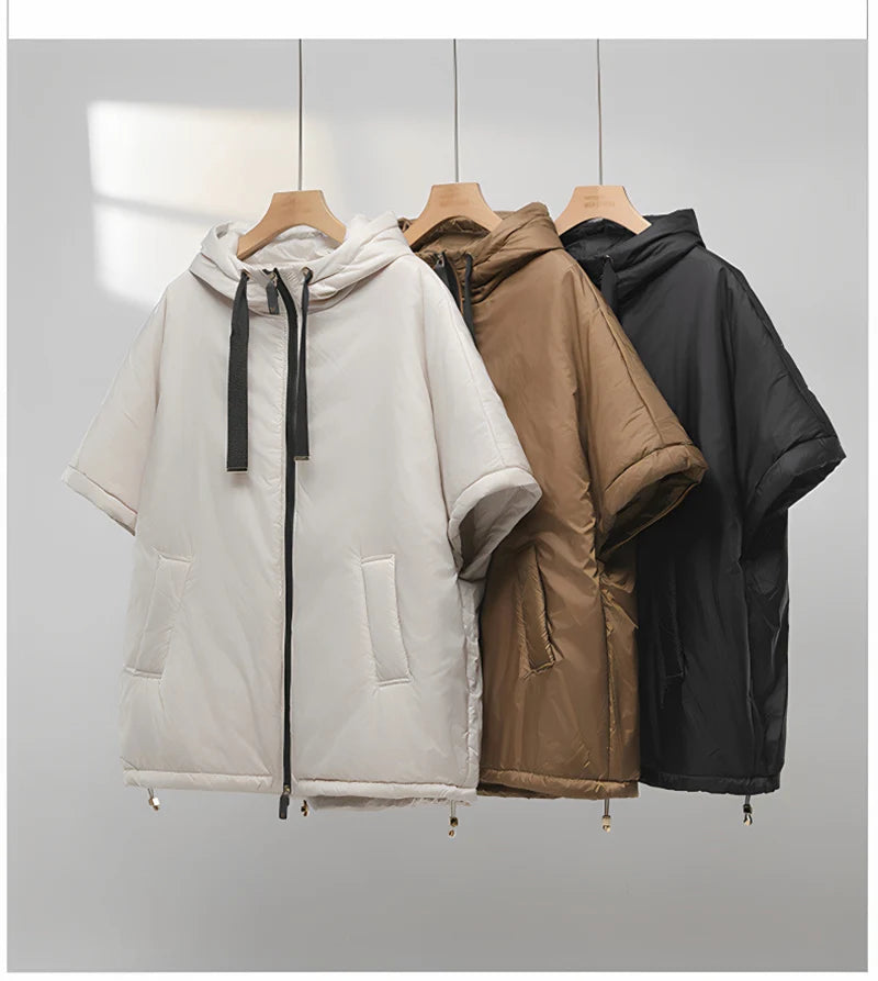 Schinteon Women Camel Down Cape Vest with Hood Loose Sleeveless Gilet Solid Fashionable Autumn Winter Jacket 2025 New