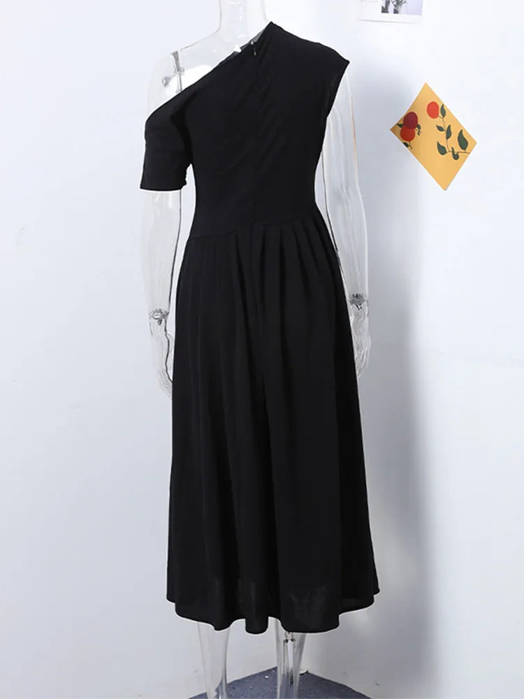 Summer Lady Patchwork Pleated Maxi Dress Chic Elegant Black Half-turtleneck Short Sleeve High Waist Dresses Office Street Robes