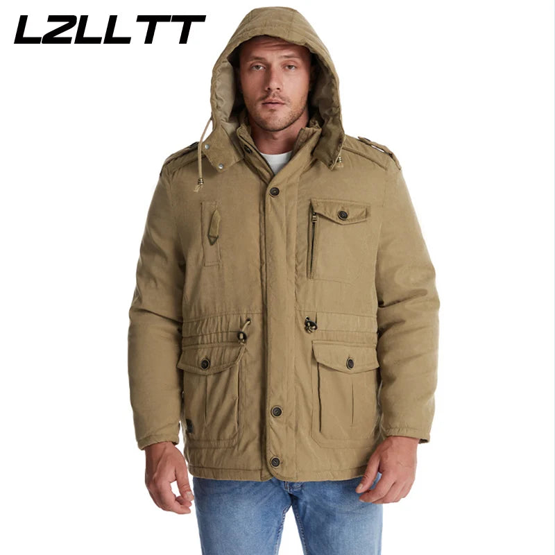 LZLLTT Men Winter Warm Parkas Mens Fleece  Jacket Parkas Men Casual Cotton Outdoor Fur Trench Padded Jackets Coats