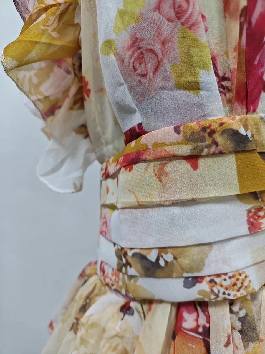 VGH Runway Style Maxi Dresses for Women V Neck Sleeveless High Waist Patchwork Ruffles Edge French Sexy Printed Dress Female New