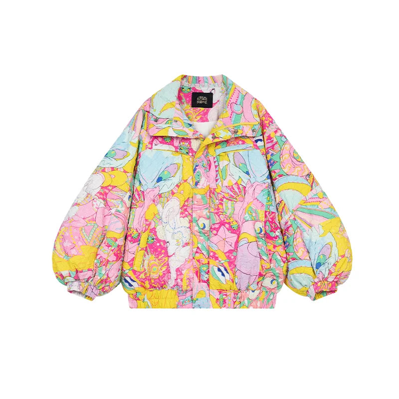 ELFSACK 2024 Winter New Arrivals Stand collar loose full printed short down jacket for women