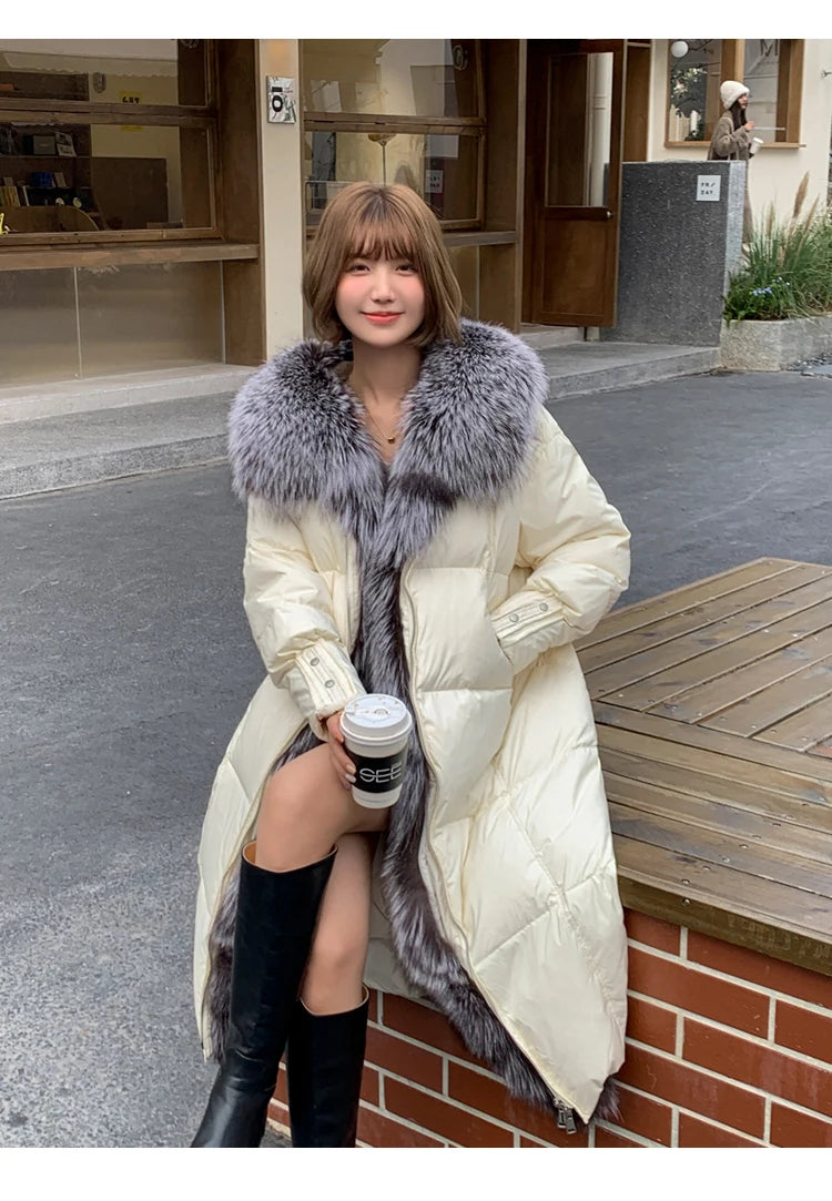2025 New Winter Women Warm Coat 90% Goose Down Jacket Long Real Fox Fur Collar Thick Luxury Outerwear Female Coat Streetwear