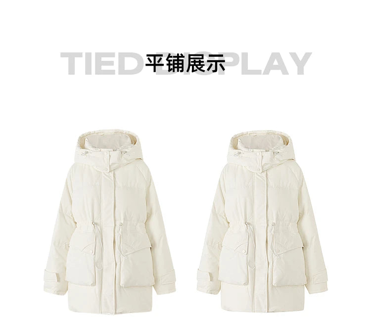 Metersbonwe Women's  Oversized Long Hooded Down Jacket Adjustable Pig Nose Buckle Waist Belt Utility Duck Down Parka Warm Winter
