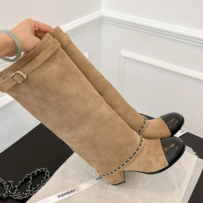 Arden Furtado 2024 Cowhide Mixed Colors Knee high boots Round toe Suede Pull-on Turned-over Edge Chunky heels Modern boots