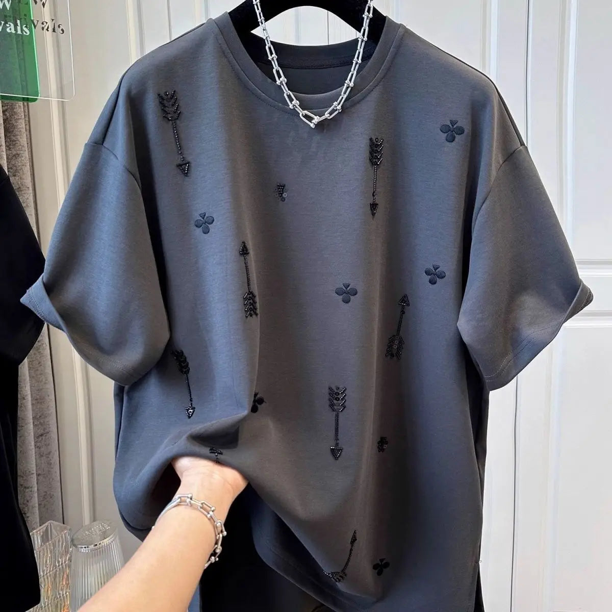 Korean Oversized Loose Embroidered Short Sleeve T-Shirts 2025 Summer New Casual Printing Loose O-neck Top Tee Women Clothes Tops