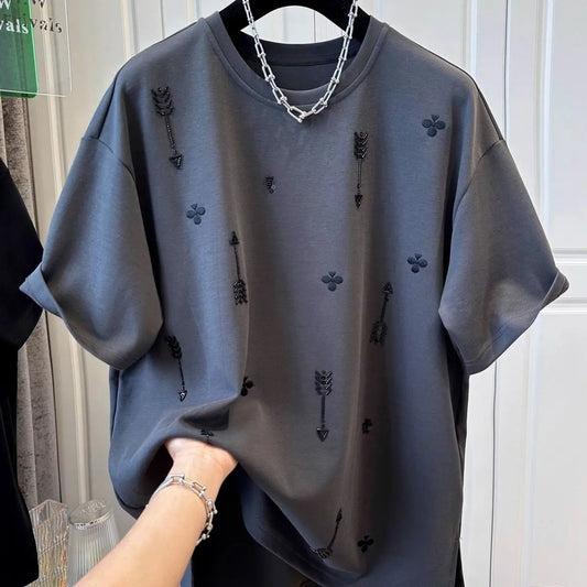 Korean Oversized Loose Embroidered Short Sleeve T-Shirts 2025 Summer New Casual Printing Loose O-neck Top Tee Women Clothes Tops