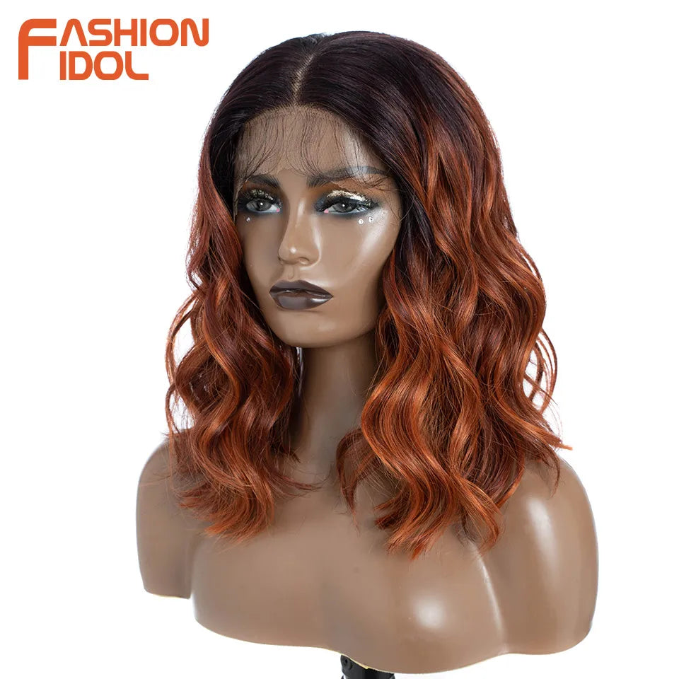 FASHION IDOL 12 Inch Bob 13x7 HD Lace Front Synthetic Wigs For Black Women Ombre Blue Heat Resistant Short Body Wave Cosplay Wig