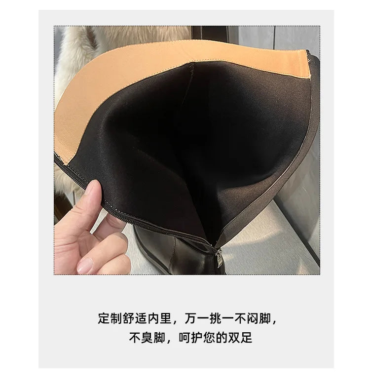 Genuine Leather Thick-Soled Autumn Winter New Style Chunky Heel Rhinestone Buckle High Tube Riding Over-The-Knee Long Boots