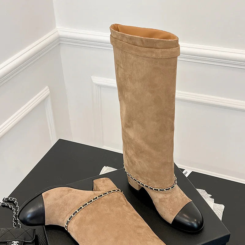 Arden Furtado 2024 Cowhide Mixed Colors Knee high boots Round toe Suede Pull-on Turned-over Edge Chunky heels Modern boots