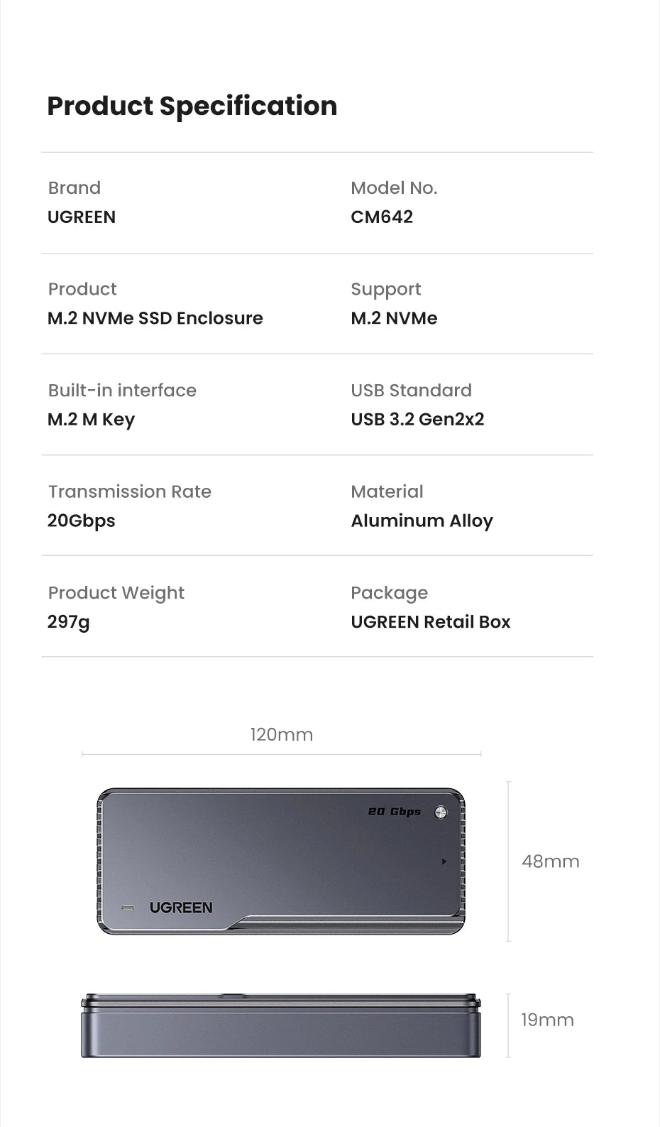 UGREEN 20Gbps NVMe SSD Case SSD Enclosure M.2 to USB3.2 Gen2x2 SSD Adapter for M.2 NVME PCIE Built-in Cooling Vest Aluminum Case