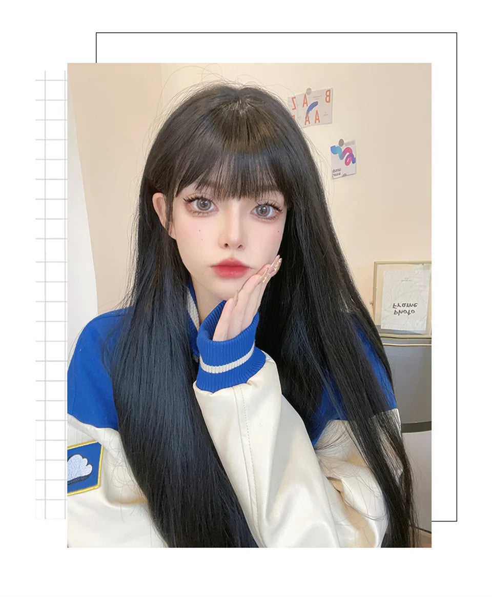 XIYUE Long Straight Black Wig With Bang Synthetic Wigs for Women Heat Resistant Natural Hair for Daily Halloween Cosplay Party