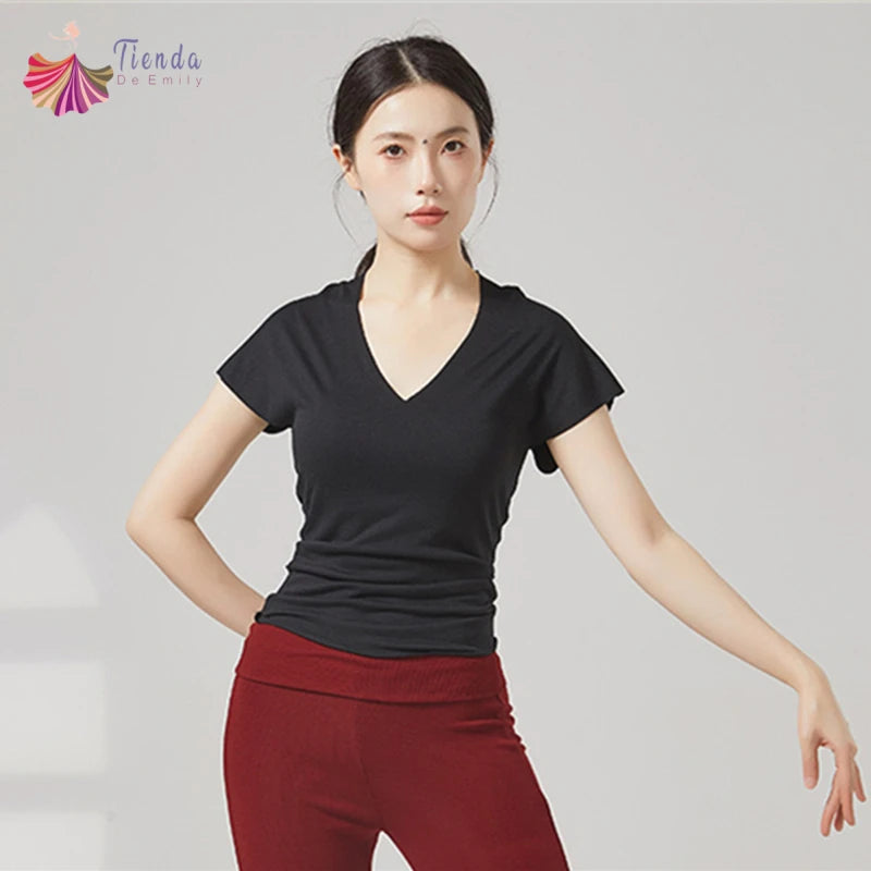 Modern Dance Clothes Women  V-Neck Seamless Short Sleeve T-Shirt Elegant Stage Costume Basic Training Tops Casual Summer Blouse