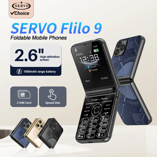 Low Price Sale SERVO Flilo9 3G Flip Mobile Phone 2 SIM Card Speed Dial Blacklist Call Record FM Radio 2.6inch Fold Cellphone MP4