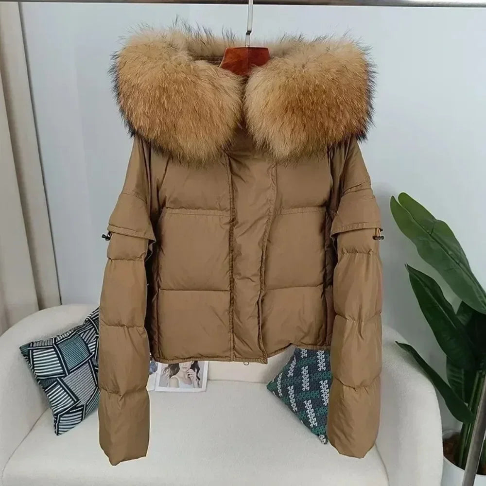 Outerwear Autumn Winter Women Hooded Fashionable Streetwear Detachable Sleeve Real Raccoon Fur Collar Jacket Duck Down Loose
