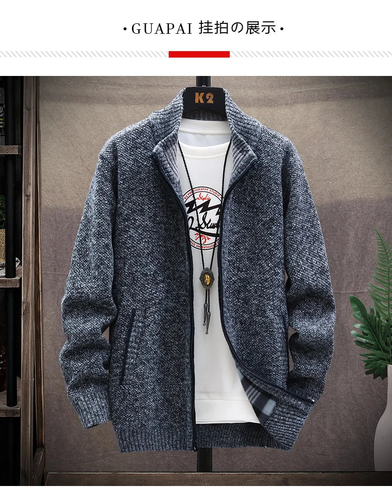 Knitted Cardigan Solid Color Sweater Men Zipper Autumn New Long-sleeved Jacket Warm Fleece Cardigans Jacket