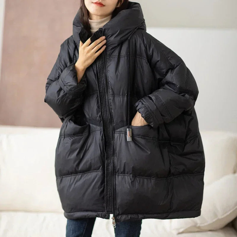 2024 New Winter Women 90% White Duck Down Jacket Casual Loose Over Size Warm Parka Female Drawstring Hooded Puffer Coat