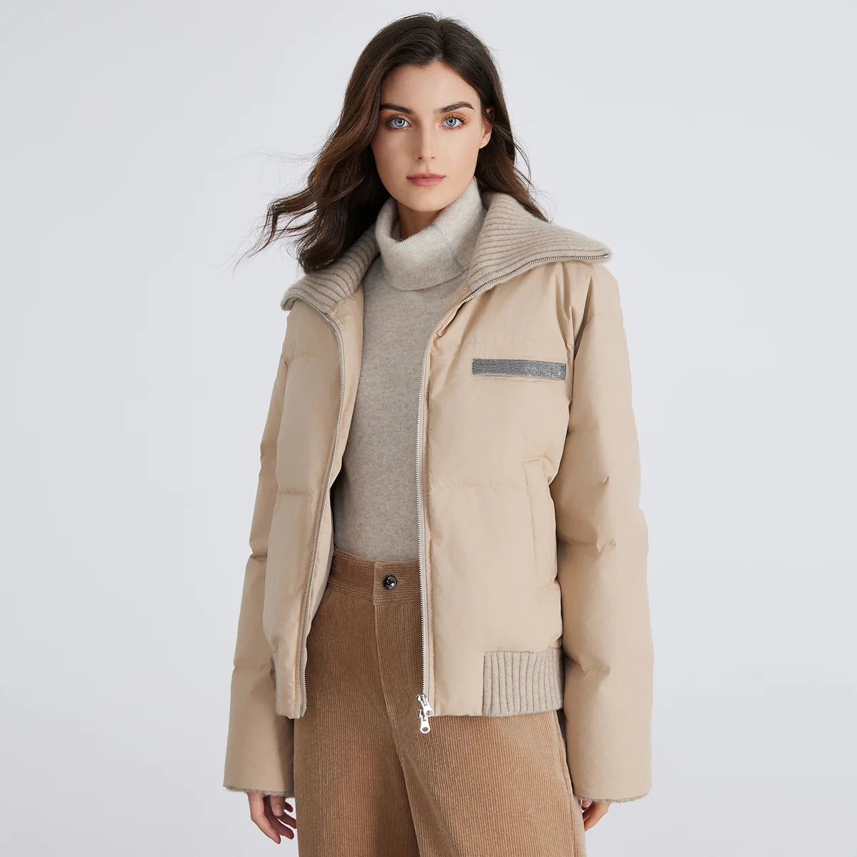 BC835 White goose down with large lapel warm zipper long-sleeved down jacket 100 cashmere warm coat