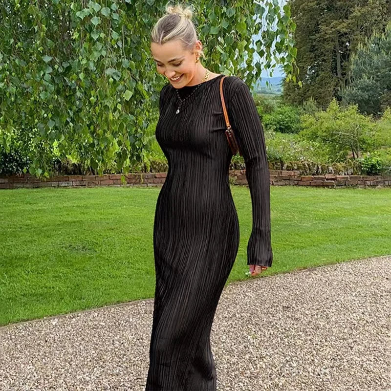 2024 Autumn Elegant Bodycon Dress Women Sexy Solid O Neck Flare Sleeves Long Summer Dresses Holiday Vestidos Black Red Orange