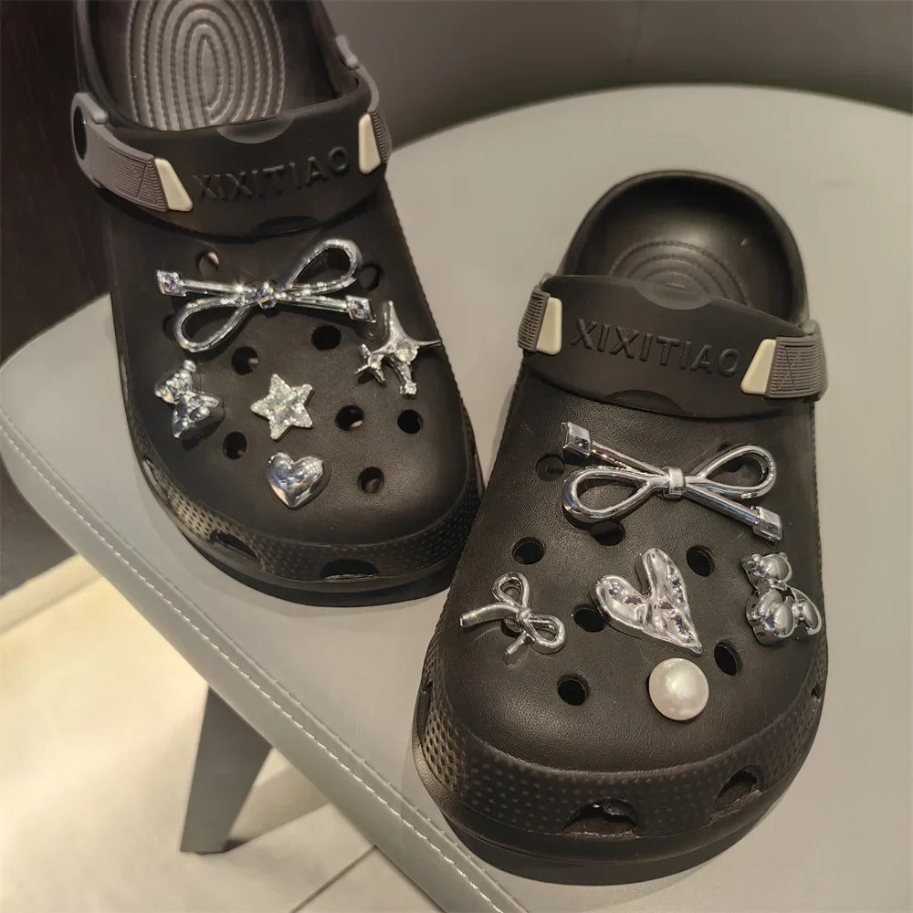 New 1Set Black White Dot Shoe Charms Set DIY Bow Star Pearl Shoe Decorations Silver Advanced Detachable Buckle Shoes Accessories