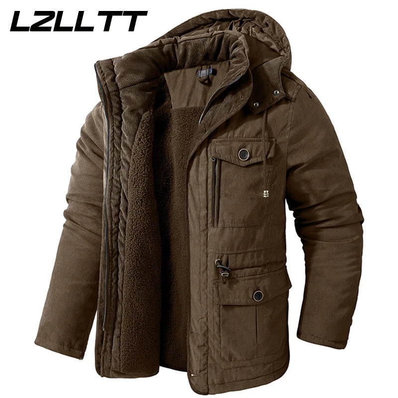 LZLLTT Men Winter Warm Parkas Mens Fleece  Jacket Parkas Men Casual Cotton Outdoor Fur Trench Padded Jackets Coats
