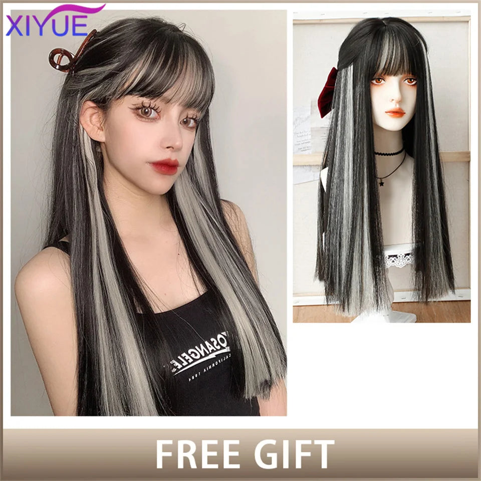 XIYUE Long Straight Black Wig With Bang Synthetic Wigs for Women Heat Resistant Natural Hair for Daily Halloween Cosplay Party