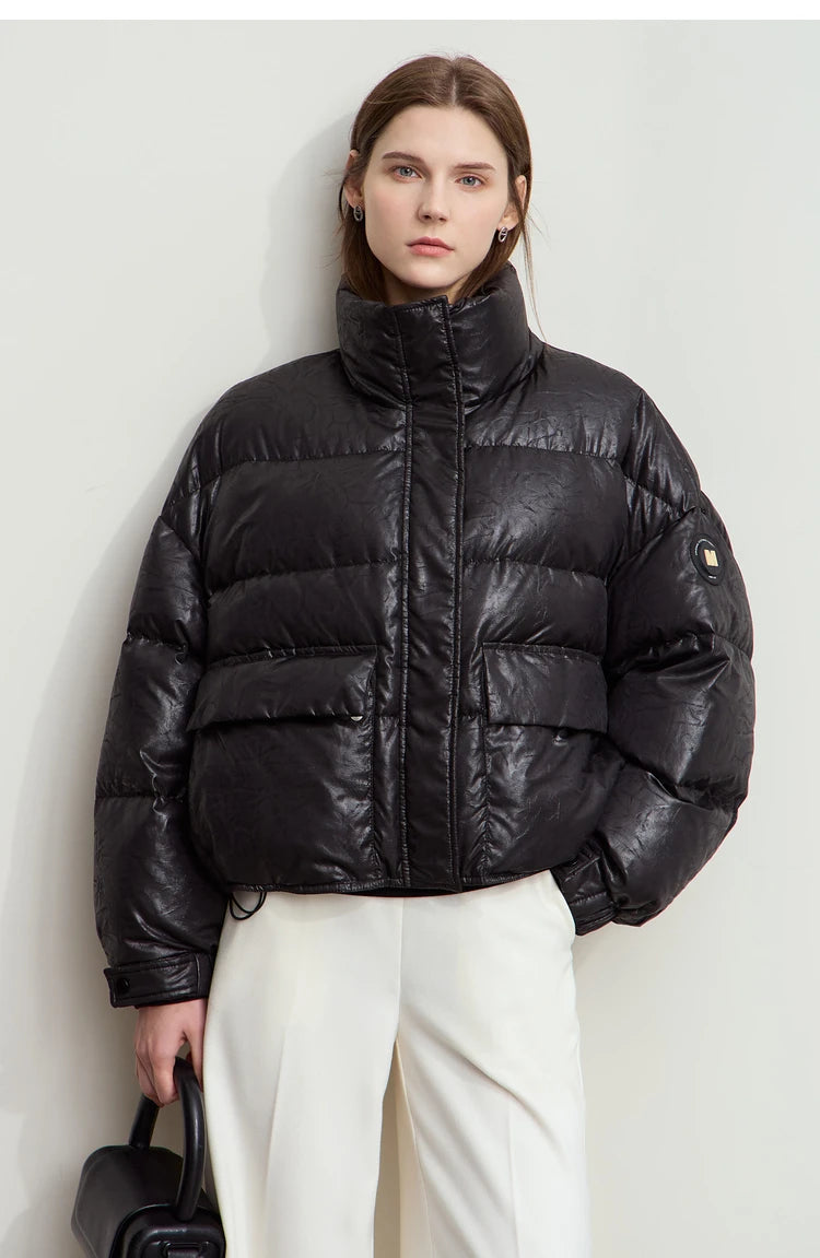 AMII Minimalist Women's Down Coat 2024 Winter Warm Thick Lapel Stand Collar Imitation Leather Duck Down Female Jacket 12444025