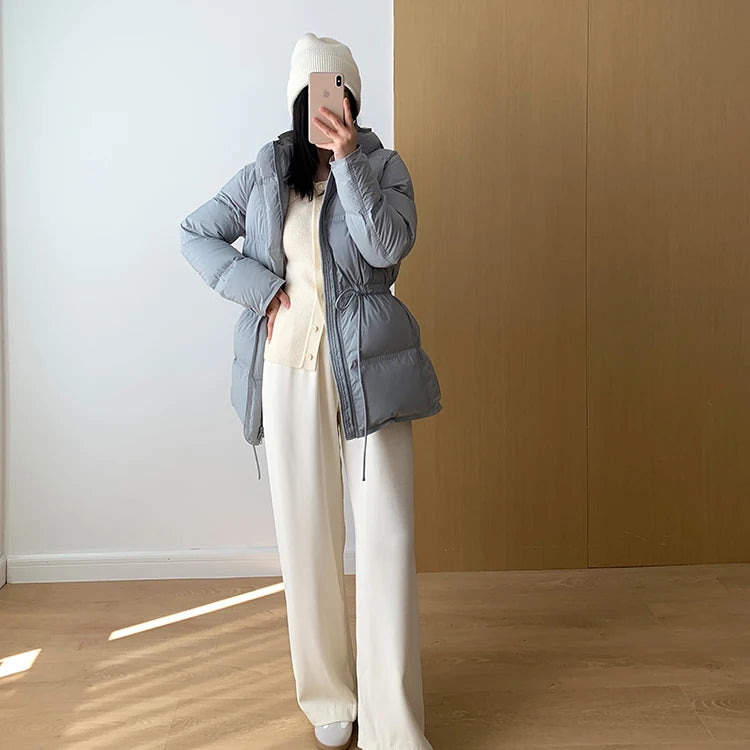 2023 New Autumn Winter Women Fashion Hooded 90% White Duck Down Coat Lady Slim Thick Warm Zipper Drawstring Lace-up Snow Jacket