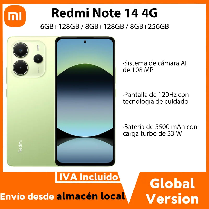 Xiaomi Redmi Note 14 4G NFC helium G99-Ultra 6,67 ''AMOLED screen 120 Hz 108 MP IA camera 5500 mAh battery,Charger Not Included
