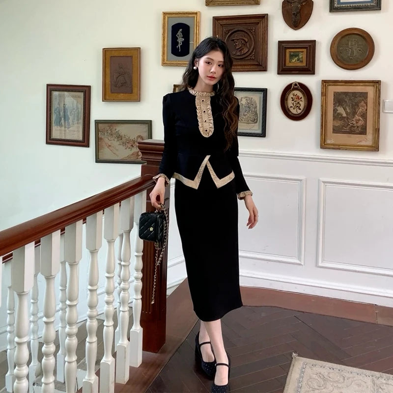 Women Clothes Black Vintage Outfits Elegant Ruffle O-Neck Tops Shirt Blouse And High Waist Midi Skirt Mujer 2 Pieces Set Formal