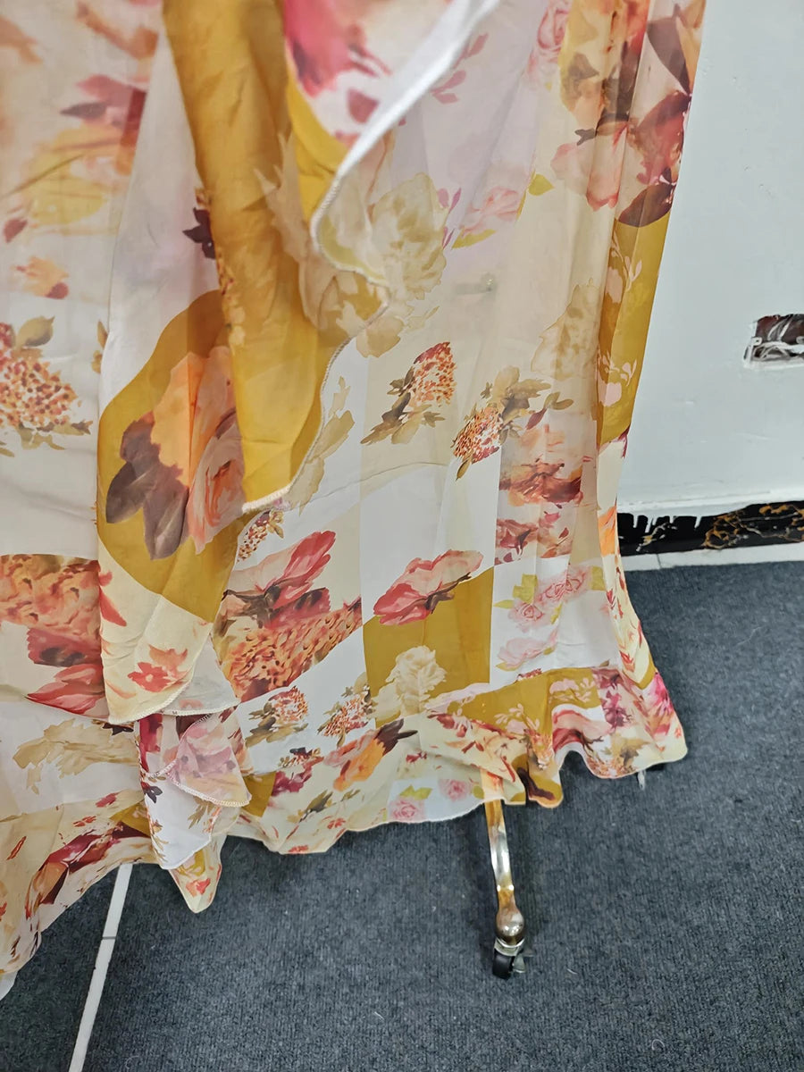 VGH Runway Style Maxi Dresses for Women V Neck Sleeveless High Waist Patchwork Ruffles Edge French Sexy Printed Dress Female New