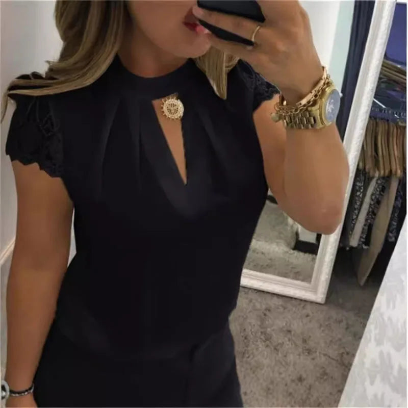 Women's Clothing Women Shirts Blouse high neck deep V-back zipper lace lace lace sleeve patchwork stand up collar shirt Blouses