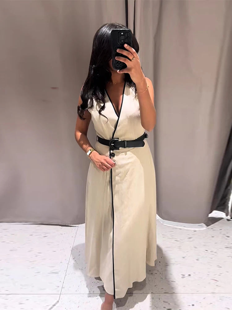 Y2K Patchwork V-neck Midi Dress With Belt Women Elegant Sleeveless Evening Party Tank Dress Summer Vacation Chic Beach Vestidos