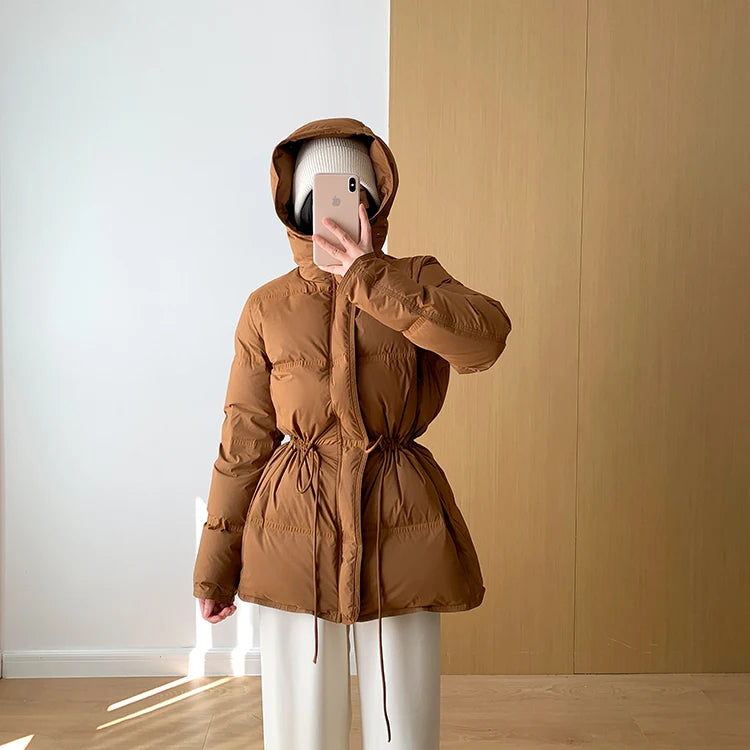 2023 New Autumn Winter Women Fashion Hooded 90% White Duck Down Coat Lady Slim Thick Warm Zipper Drawstring Lace-up Snow Jacket