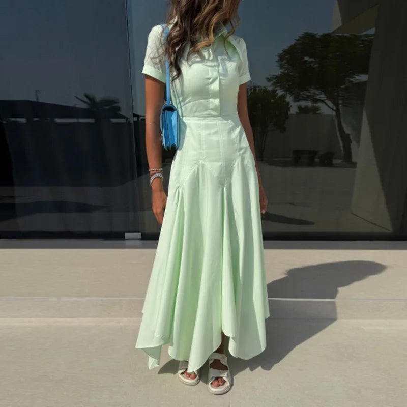 Elegant Single Breasted Khaki Long Dress Women Lapel Short Sleeve Pleat Slim Waist A-line Dresses 2025 Summer Autumn Lady Robes