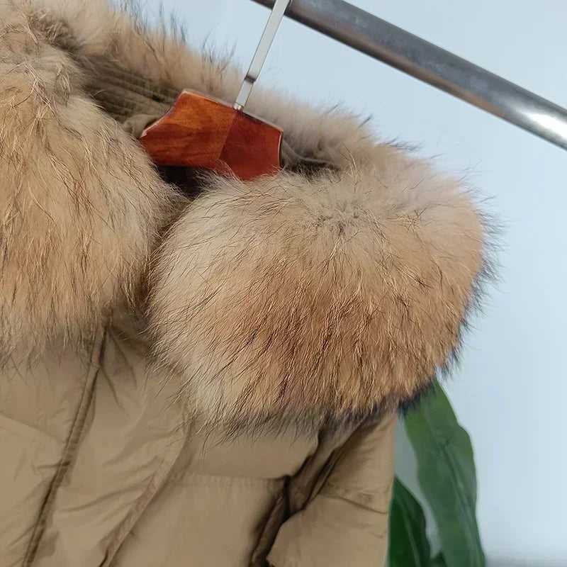 Outerwear Autumn Winter Women Hooded Fashionable Streetwear Detachable Sleeve Real Raccoon Fur Collar Jacket Duck Down Loose