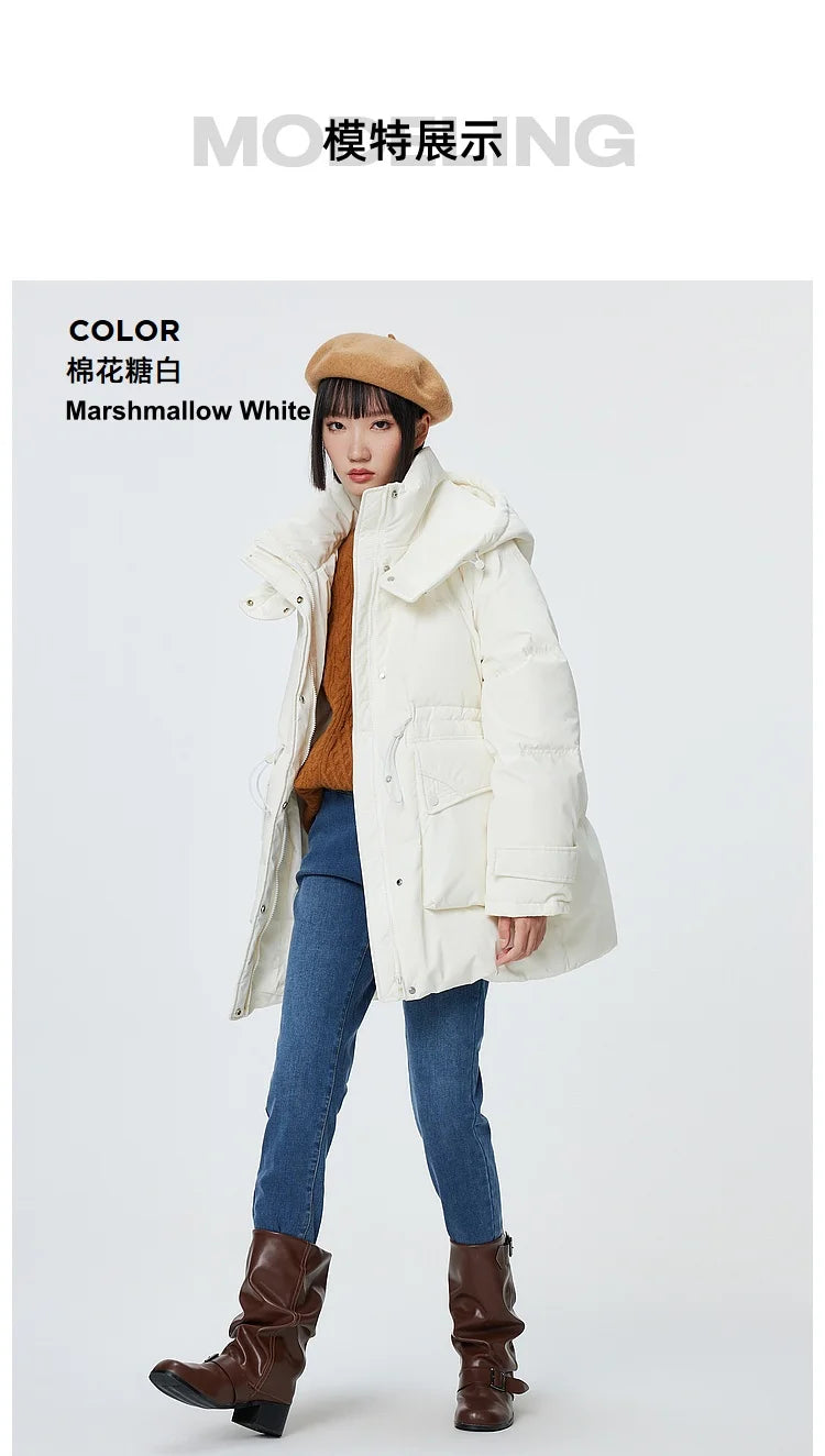 Metersbonwe Women's  Oversized Long Hooded Down Jacket Adjustable Pig Nose Buckle Waist Belt Utility Duck Down Parka Warm Winter