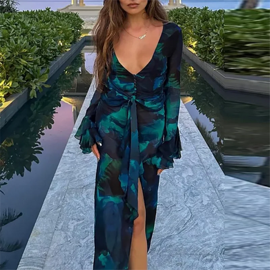 Show Style Floral Print Maxi Slim Dress Women Luxury Deep V-Neck Chiffon Party Dress 2025 Spring Elegant Long Sleeve Slit Dress