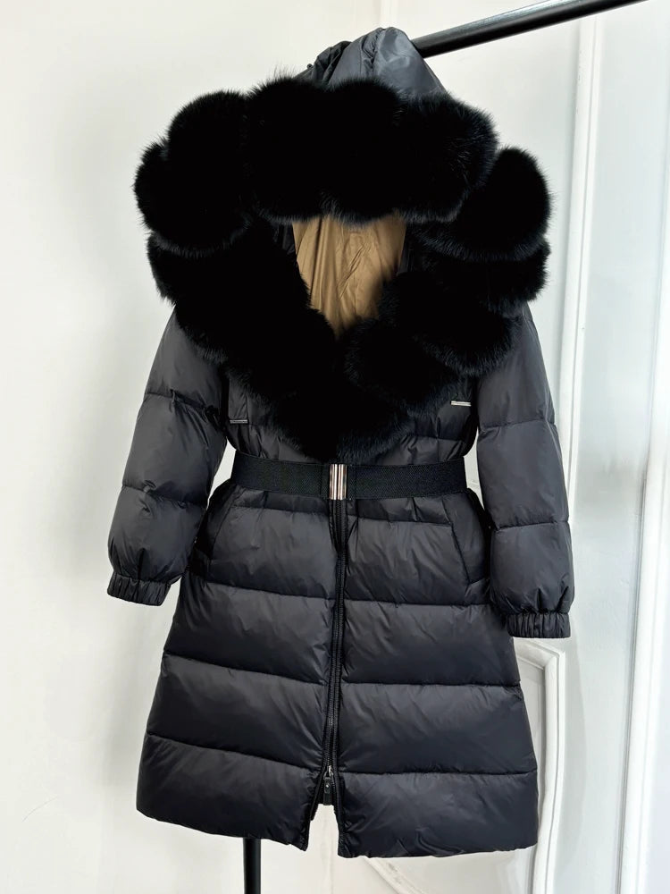 Lagabogy 2025 Winter Puffer Jacket Women Real Fox Fur Hooded Collar Thick Warm Long White Duck Down Coat Loose Luxury Outerwear