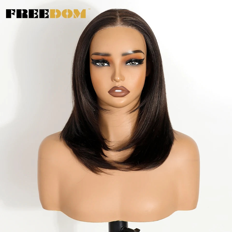 FREEDOM Synthetic Lace Front Wigs For Women Short Bob Layered Straight Wig 6x4 Wear And Go Glueless Wigs Ombre Brown Lace Wig