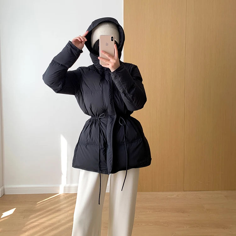 2023 New Autumn Winter Women Fashion Hooded 90% White Duck Down Coat Lady Slim Thick Warm Zipper Drawstring Lace-up Snow Jacket